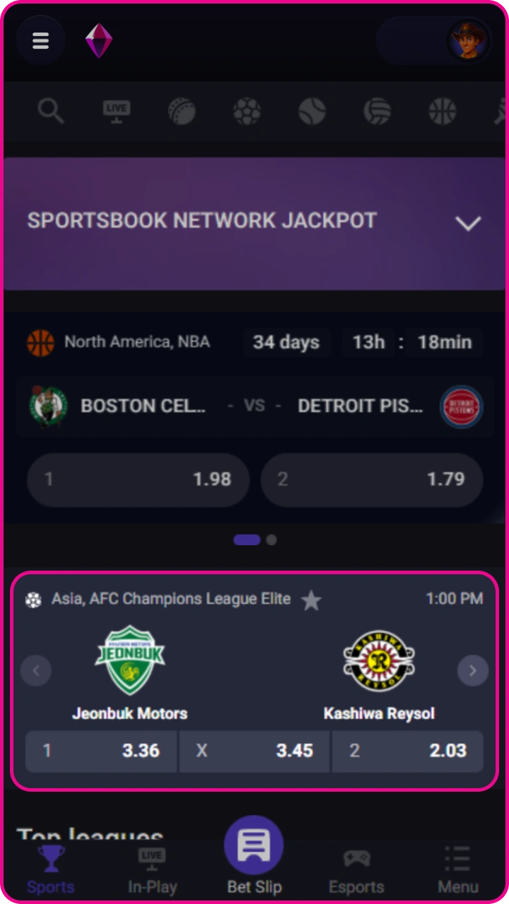 Easily select your favorite sporting events and top matches using the Wildzy app interface.