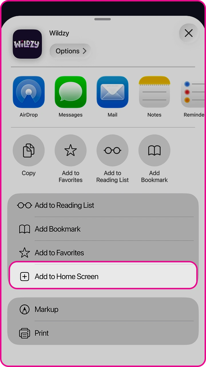 Bookmark Wildzy on your iPhone's home screen to easily play from your mobile device at any time.