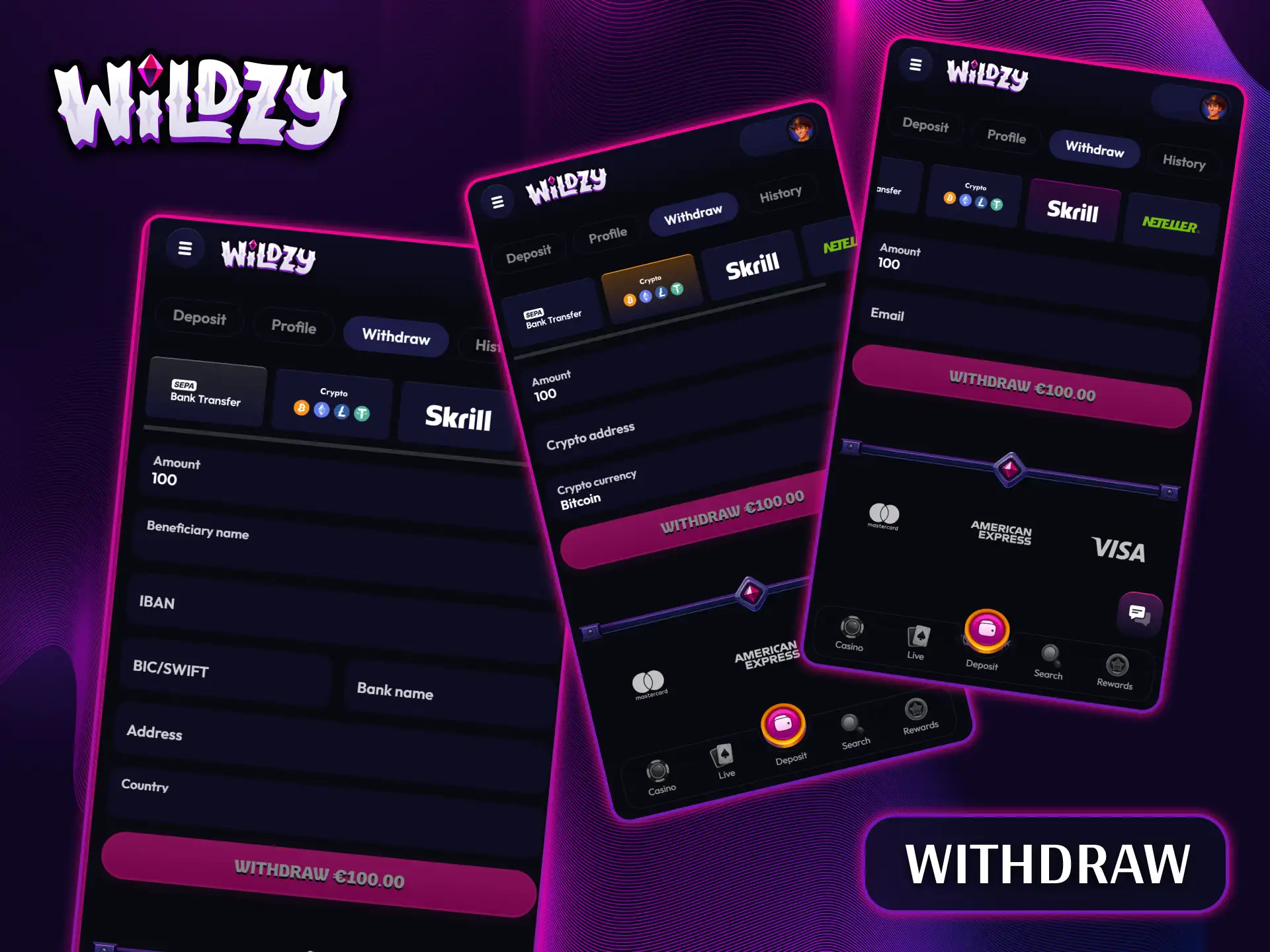 Use fast, secure, and convenient withdrawal methods directly in the Wildzy mobile app.