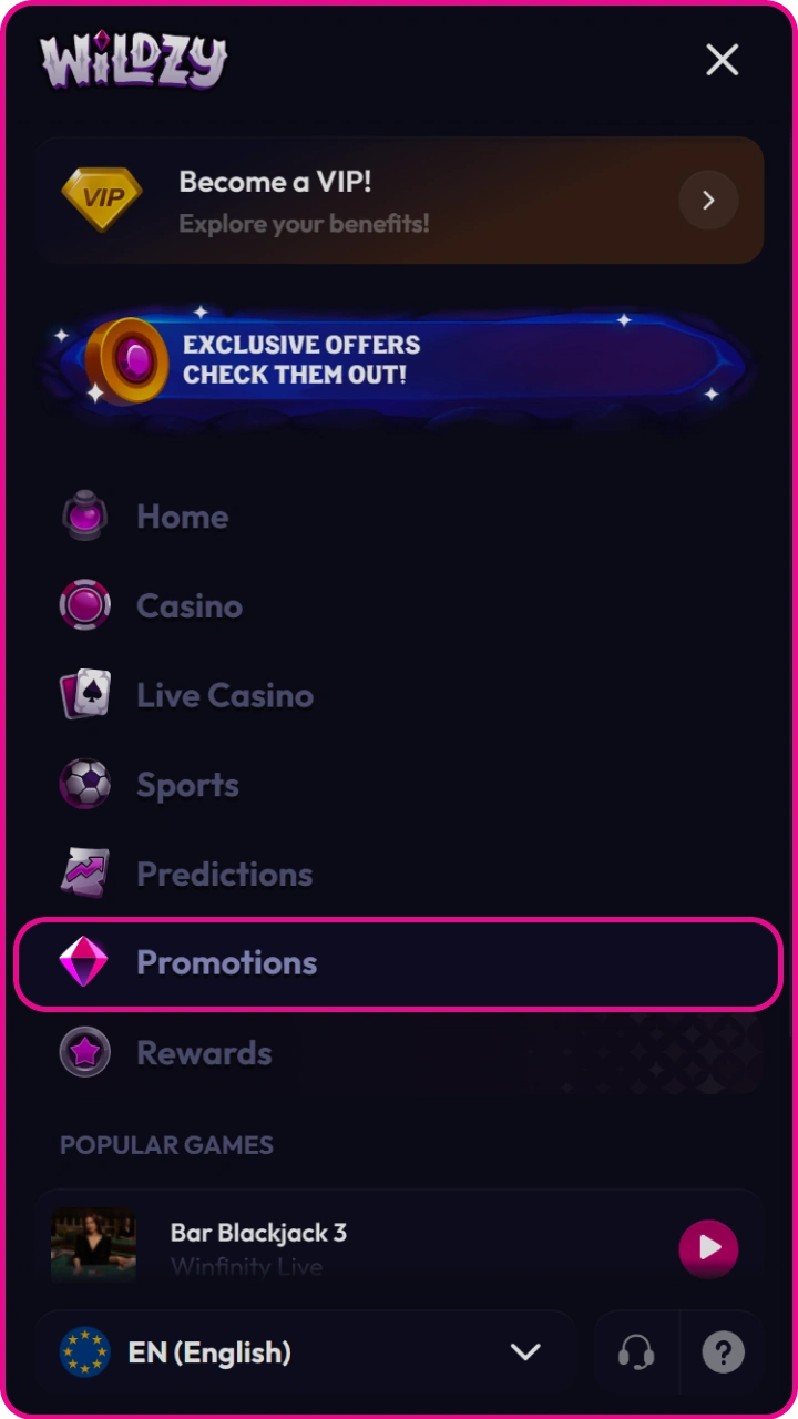 Open the main menu to easily browse available promo offers and rewards on Wildzy.