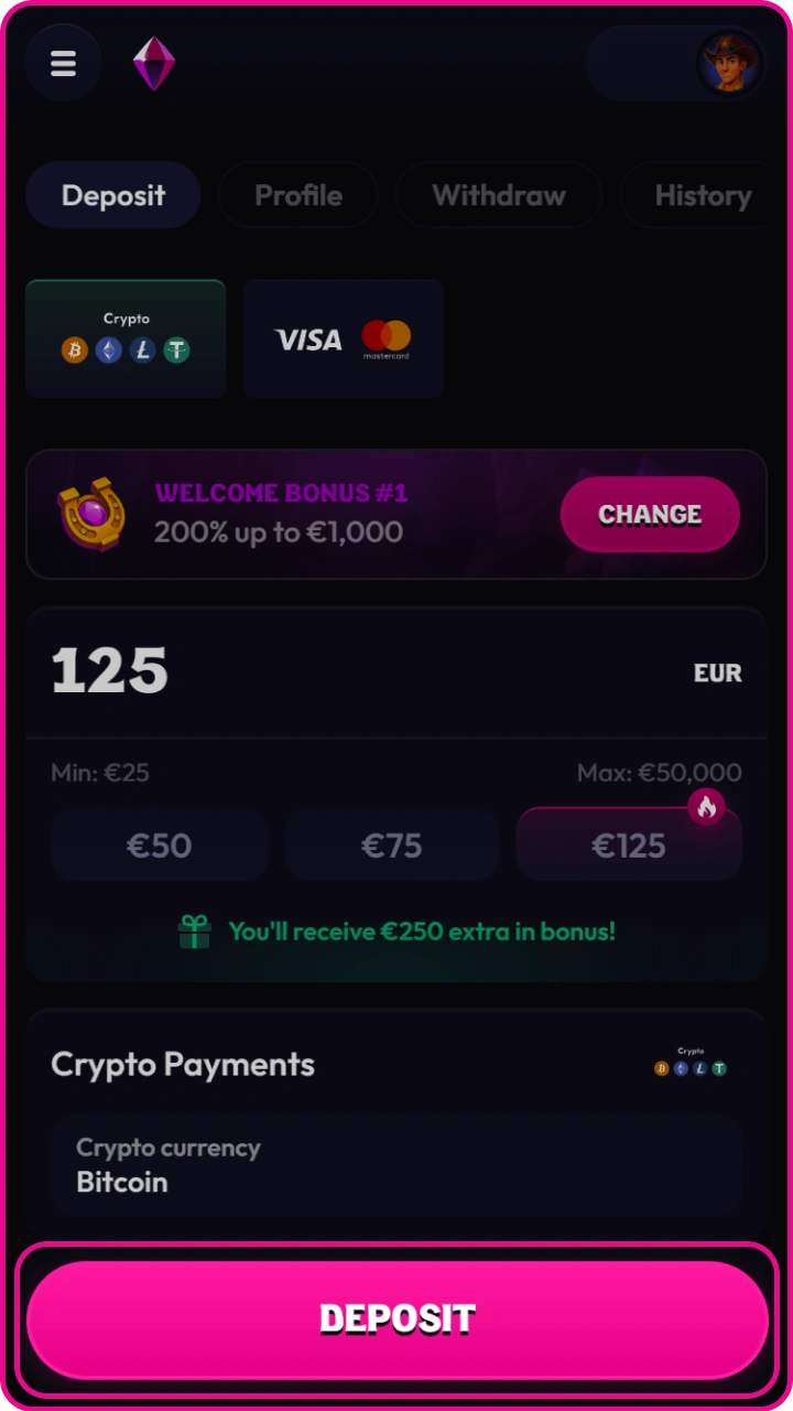 Confirm your first deposit to instantly activate your chosen welcome bonus at Wildzy.
