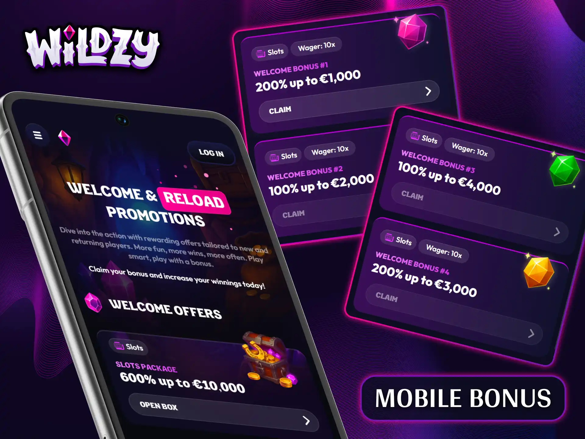 Get lucrative casino welcome bonuses anytime using your smartphone on the Wildzy platform.