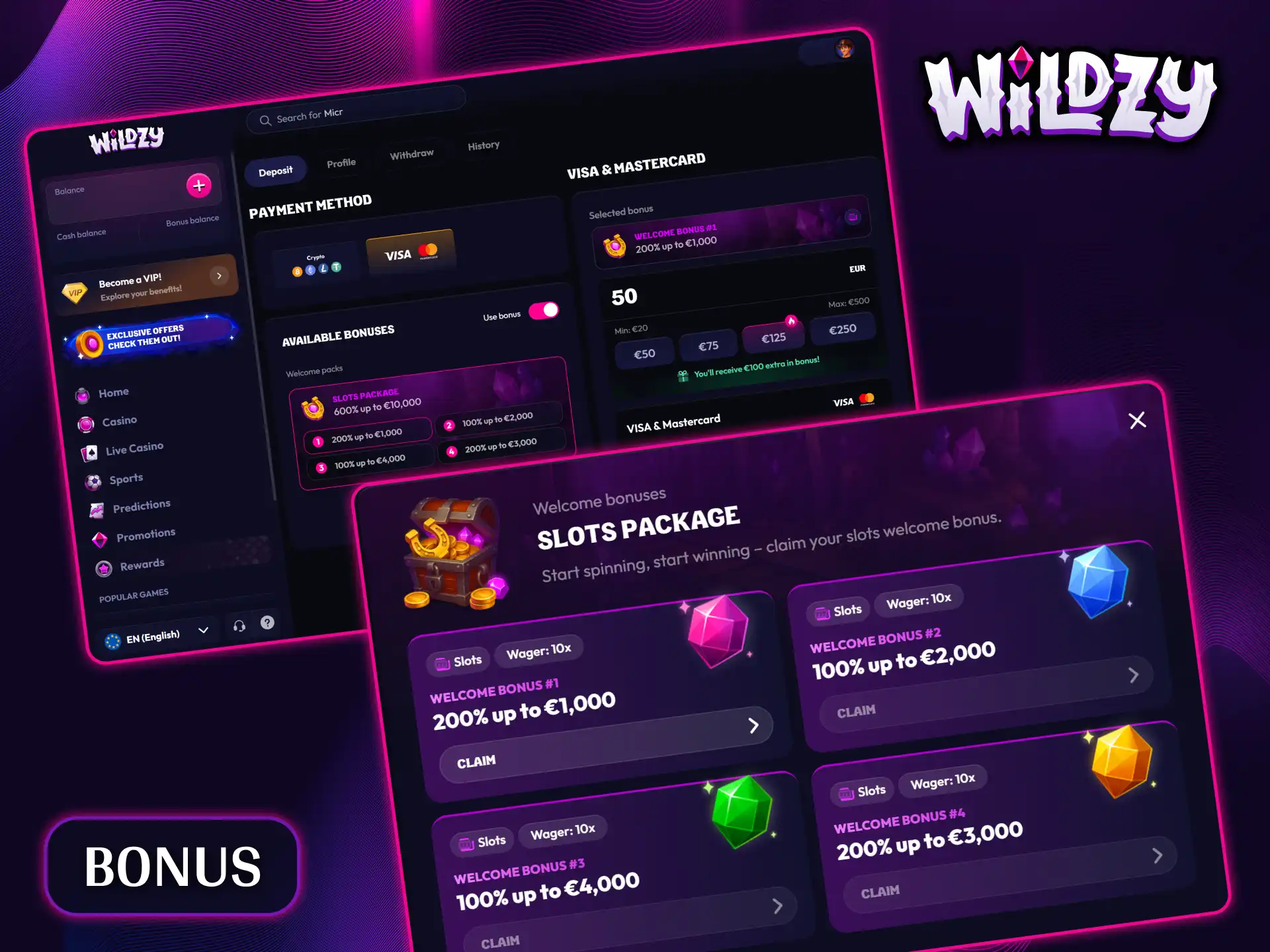 Get lucrative welcome bonuses and extra slot rewards when you top up your account at Wildzy.