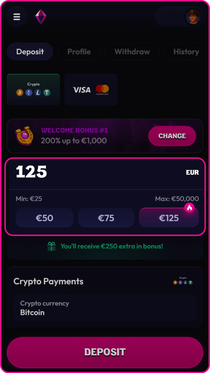 Select your desired deposit amount to increase your gaming balance on Wildzy.