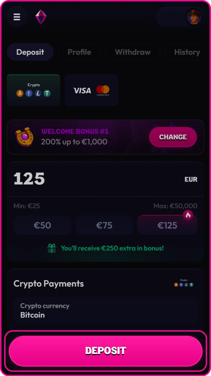 Click Deposit to instantly complete the transaction and receive the bonus on Wildzy.
