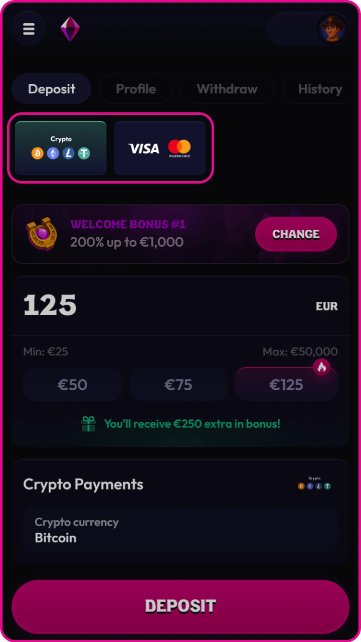 Choose your preferred payment method on Wildzy, from cryptocurrency to bank cards.