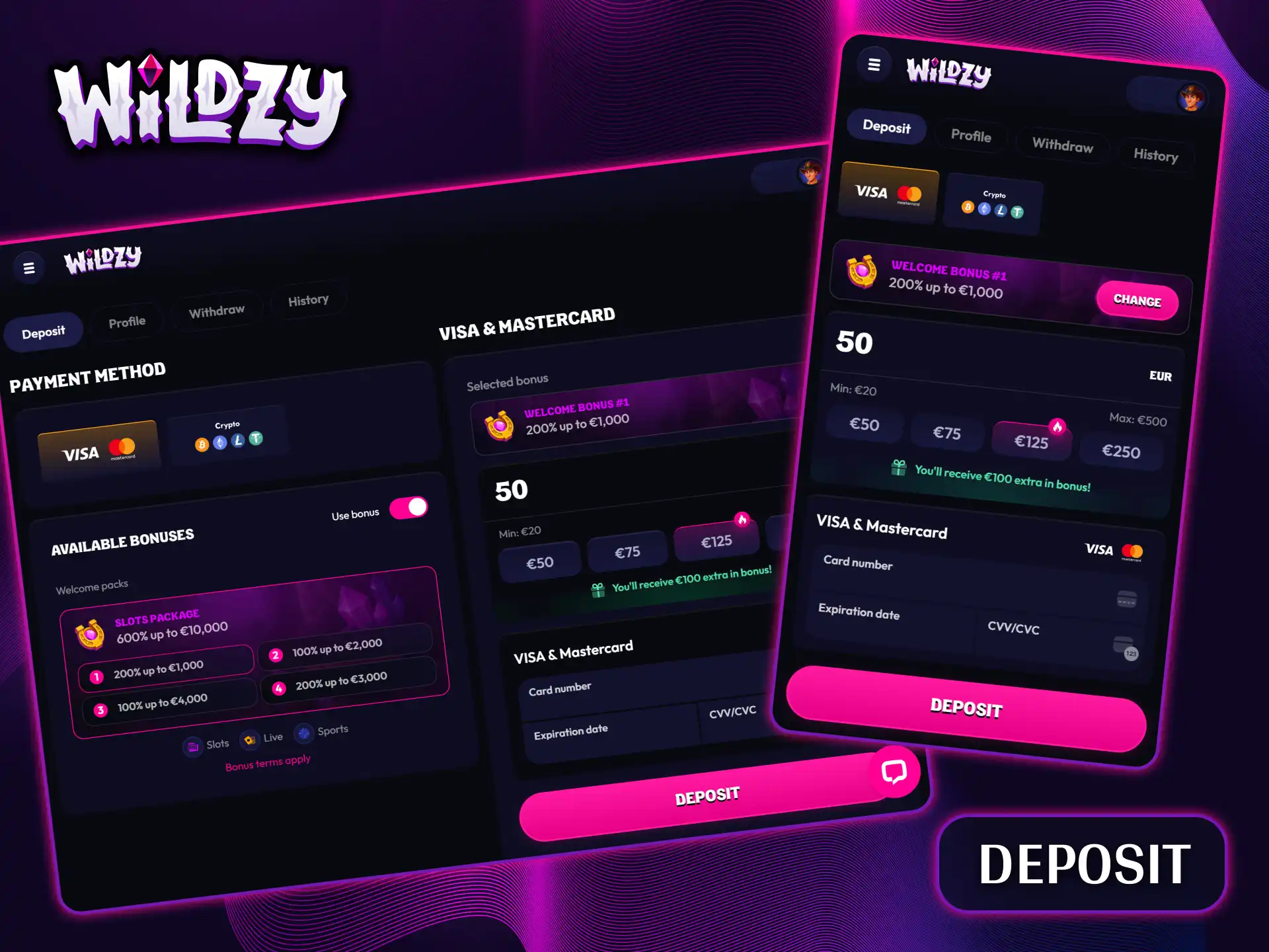 Use fast and secure payment methods on the Wildzy platform to instantly top up your account.