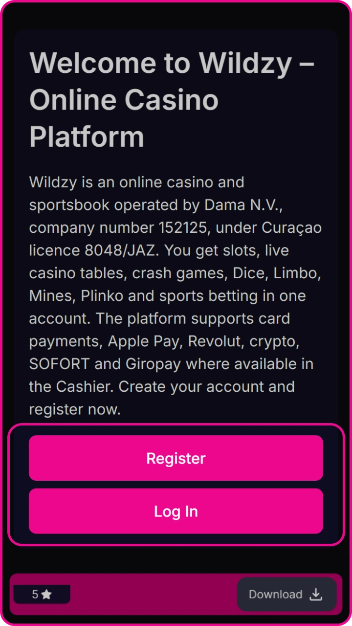 Start your adventure at Wildzy - an all-in-one online platform combining a casino and a sportsbook.