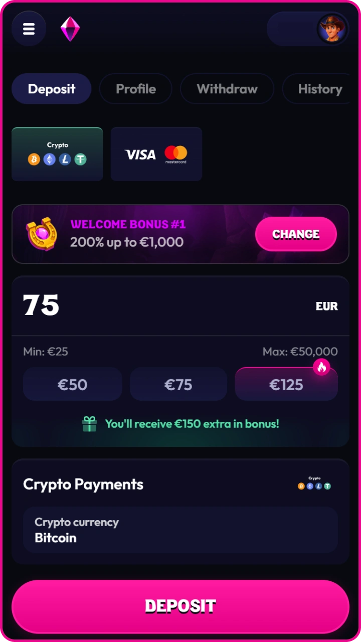 Easily log in to your Wildzy account and make your first deposit.