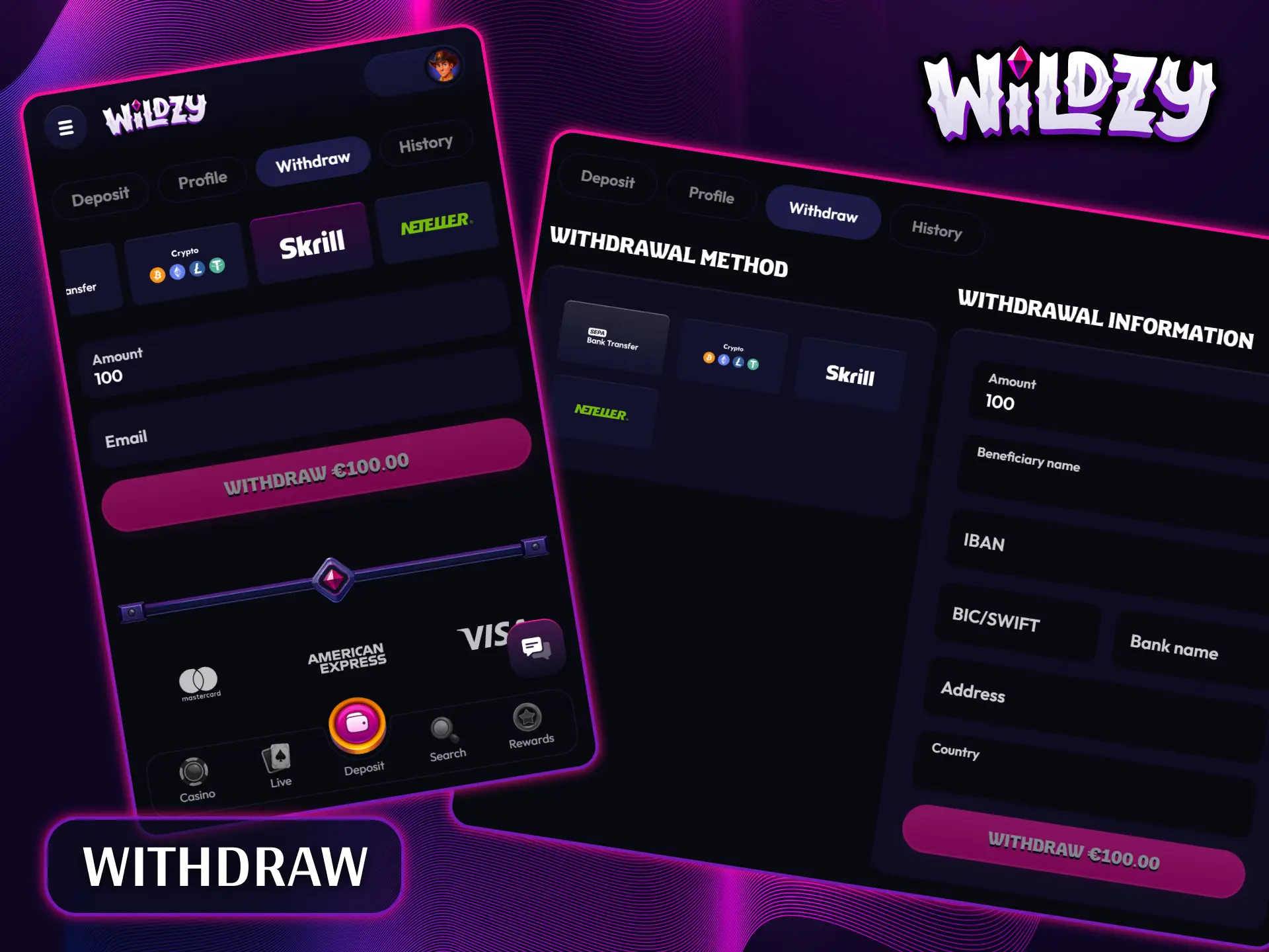 Request fast and reliable withdrawals on Wildzy using various payment methods.