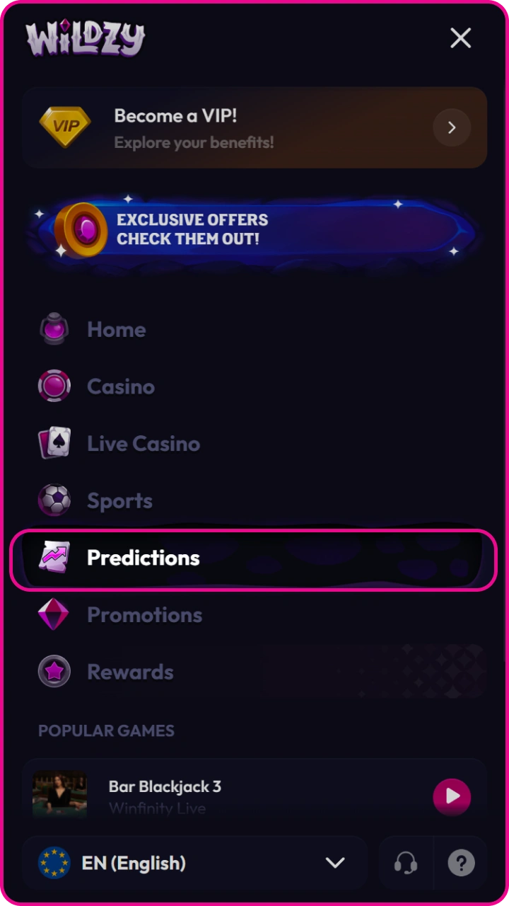 Select a prediction category from the main menu to start trading on Wildzy.