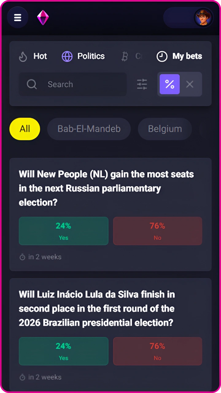 Check the event odds and current probabilities on the Wildzy platform.