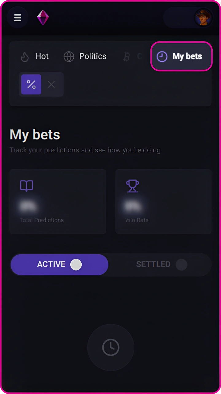 Easily track your active bets and the overall success rate of your predictions on Wildzy.