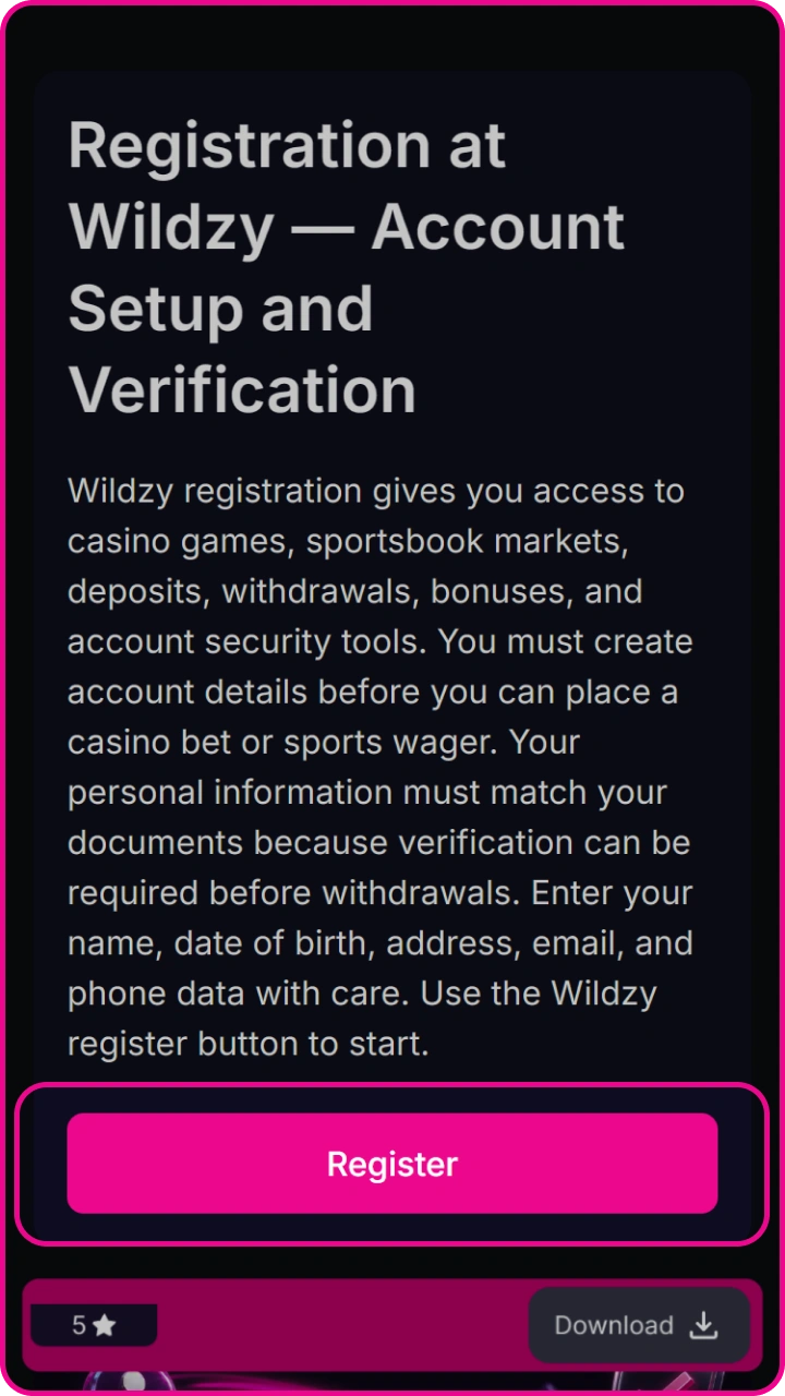 Click the registration button on the Wildzy website to start setting up your profile.