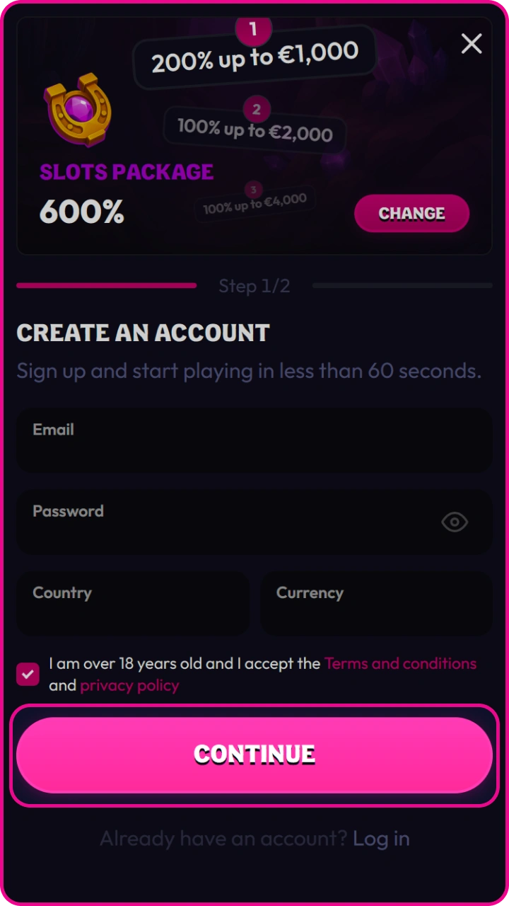 Tap Continue to easily complete the Wildzy registration process on your mobile device.