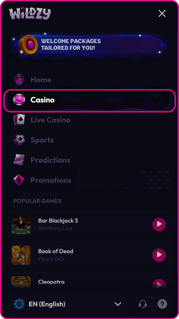 Get access to thousands of popular online slots directly from the Wildzy menu.