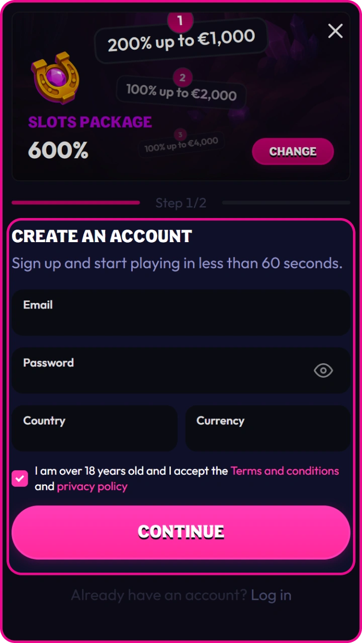 Register a new account in less than a minute to start playing on Wildzy.