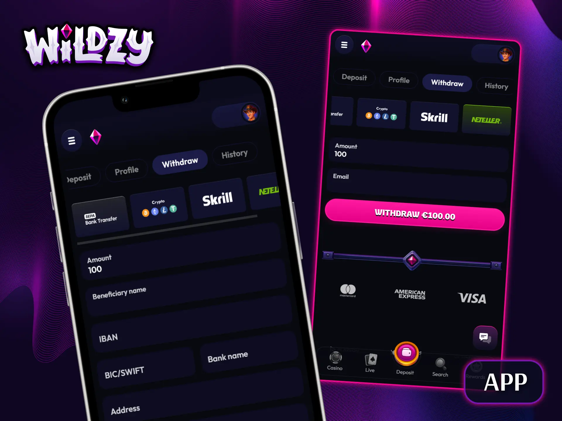 Easily and securely withdraw your casino winnings via the Wildzy mobile app.