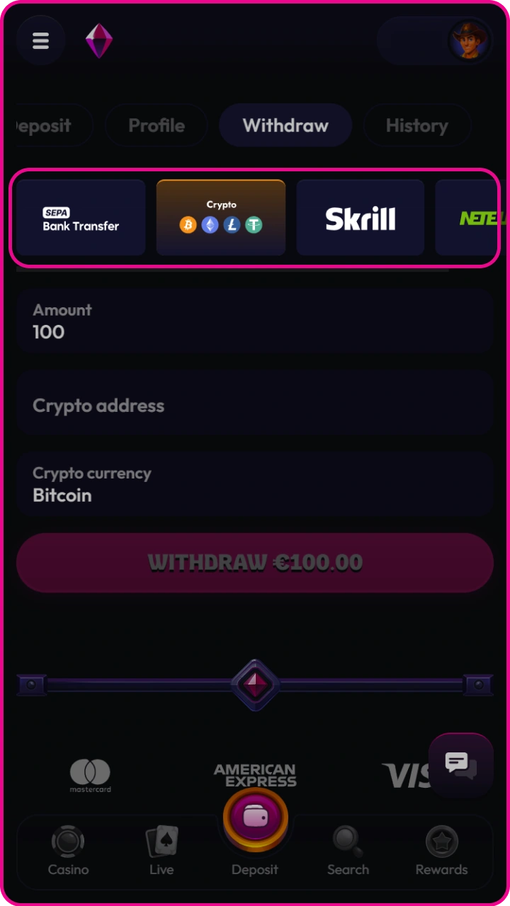 Choose your preferred withdrawal method on Wildzy, from e-wallets to cryptocurrency.