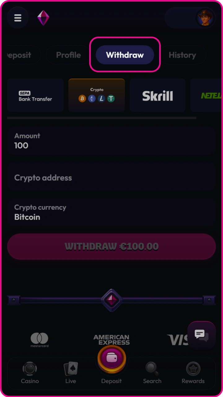 Go directly to the withdrawal section via the convenient Wildzy cashier tab.