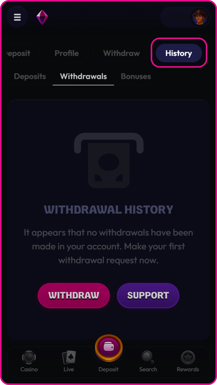 Easily track all your past payouts on the history tab in Wildzy.
